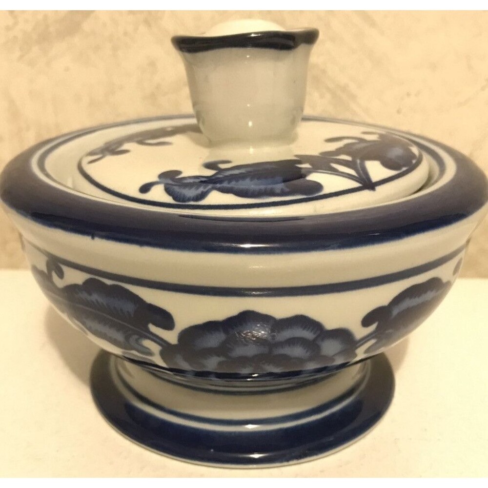 Vintage Bombay Company 3" X 5" Blue & White Crackle Dish W LID Pottery Ceramic